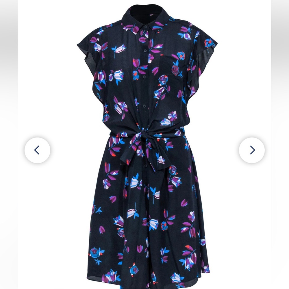 Rebecca Taylor - Navy Silk Button-Up Dress w/ Floral Print & Waist Tie, 0